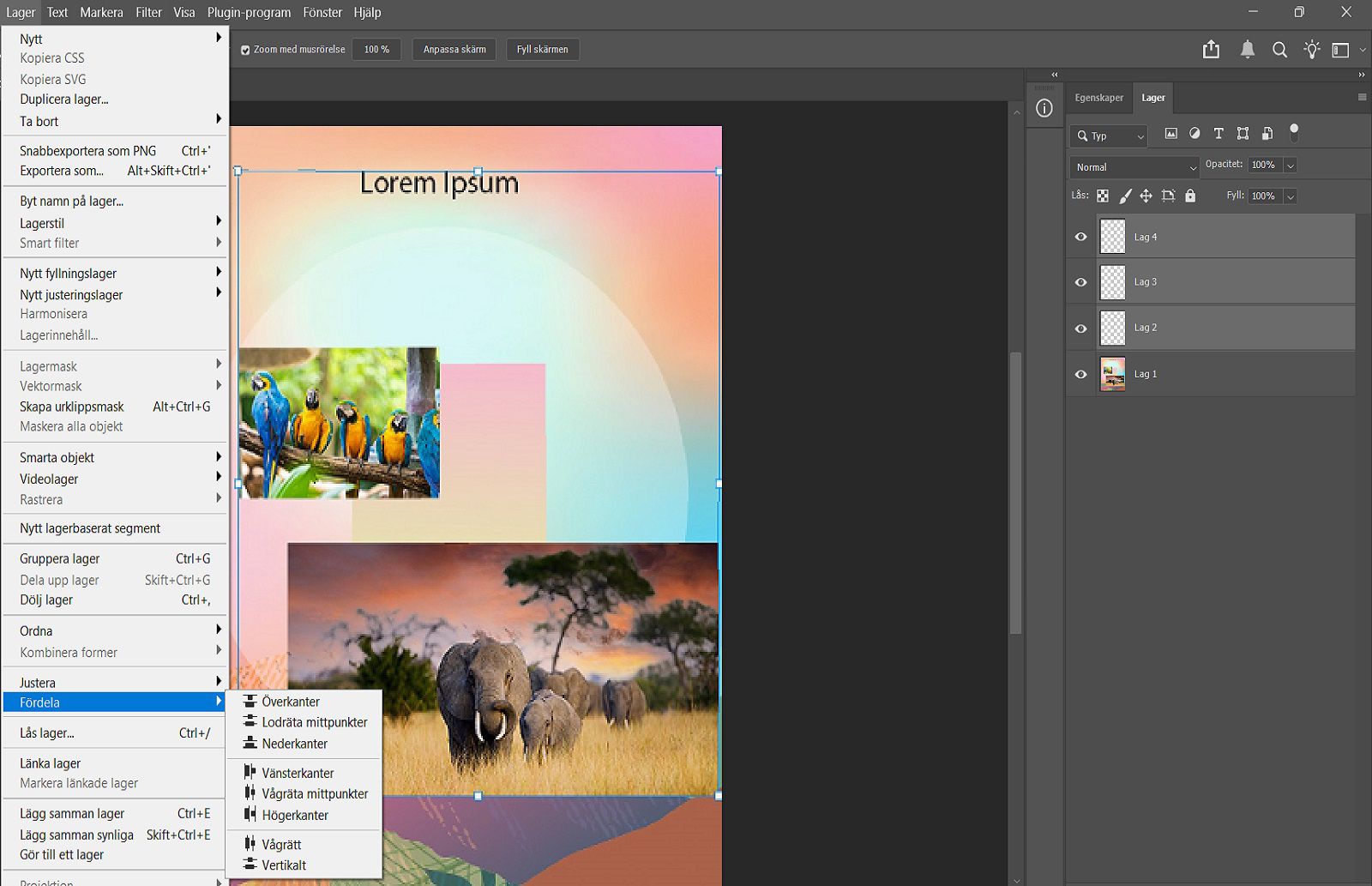Ett exempeldokument som visar de valda lagren i Layers panel och Distribute-alternativen i Layer-menyn.