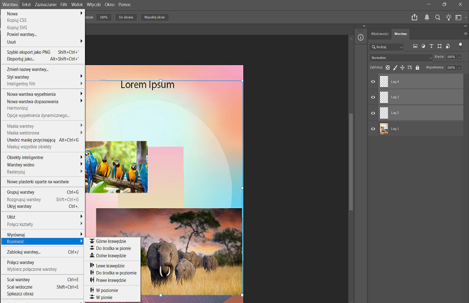 Przykładowy dokument pokazujący zaznaczone warstwy w panelu Warstwy oraz opcje Rozmieść w menu Warstwa.