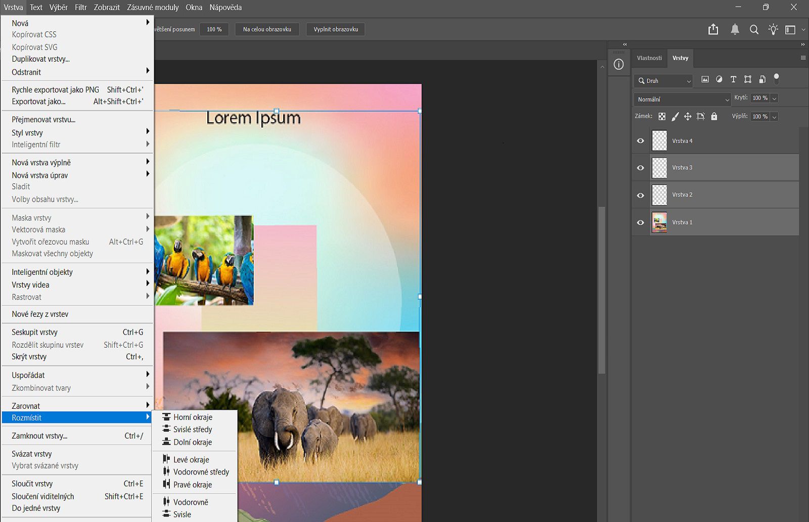 Vzorový dokument ukazuje vybrané vrstvy na panelu Vrstvy a možnosti rozmístění v nabídce Vrstva.