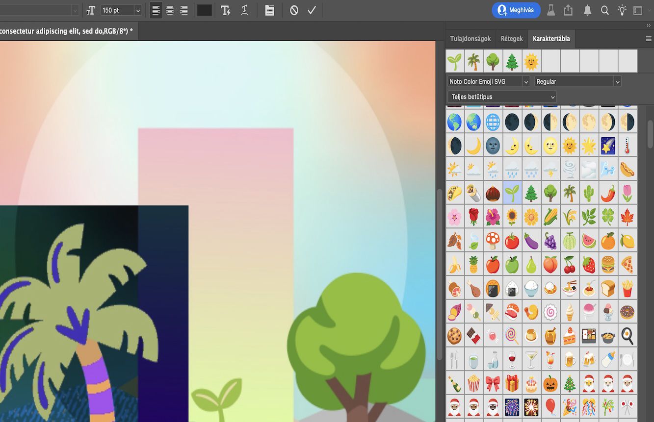 Egy mintadokumentum, amely fa emojikat tartalmaz egy soros pontszövegként, megnyitott Karakterjelek panellel.