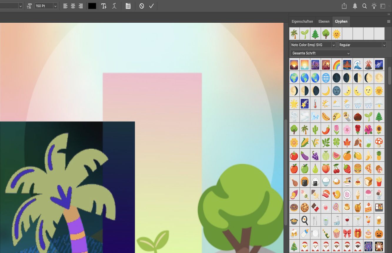 Ein Beispieldokument mit Baum-Emojis, die als Punkttext hinzugefügt wurden, während das Glyphen-Bedienfeld geöffnet ist.