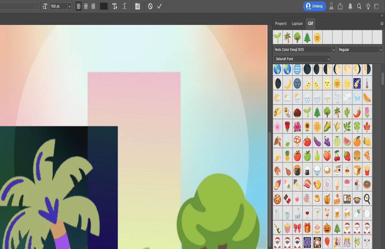 Contoh dokumen yang menampilkan emoji pohon yang ditambahkan sebagai teks titik dengan panel Glyph terbuka.