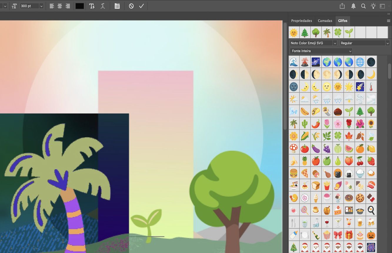 Um documento de exemplo mostrando emojis de árvore adicionados como texto de ponto com o painel Glifos aberto.