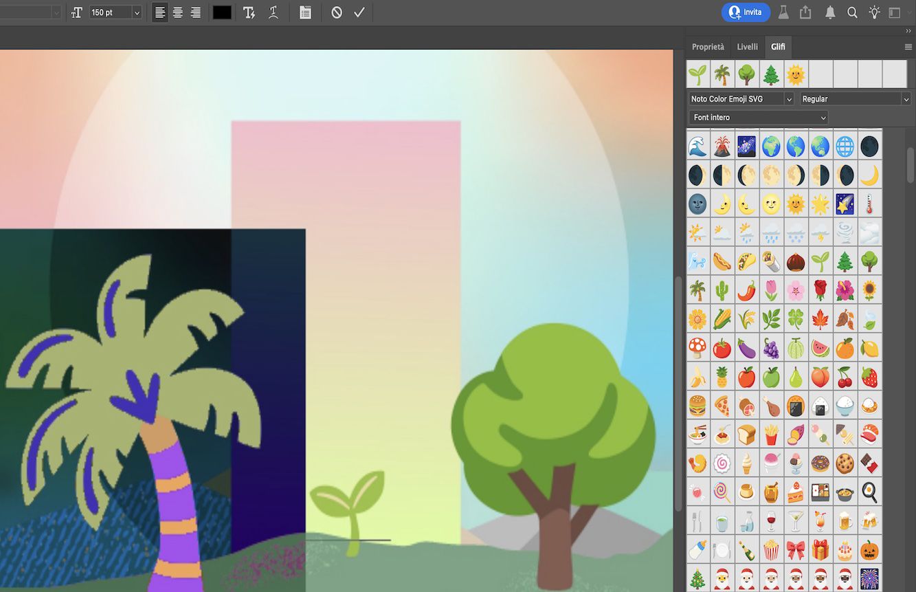 Un documento di esempio che mostra emoji di alberi aggiunte come testo puntuale con il pannello Glifi aperto.