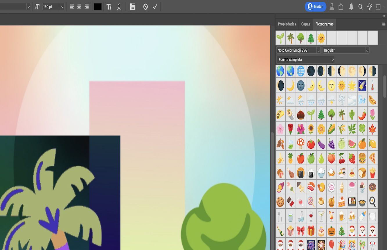 Un documento de ejemplo que muestra emojis de árbol agregados como texto de punto con el panel Glyphs abierto.