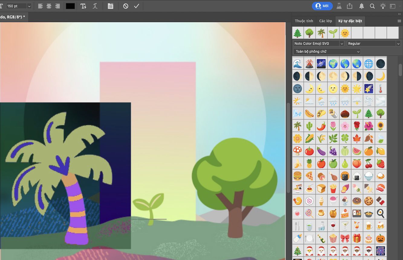 Tài liệu mẫu hiển thị biểu tượng cảm xúc hình cây được thêm vào dưới dạng văn bản điểm với bảng Ký tự đặc biệt đang mở.