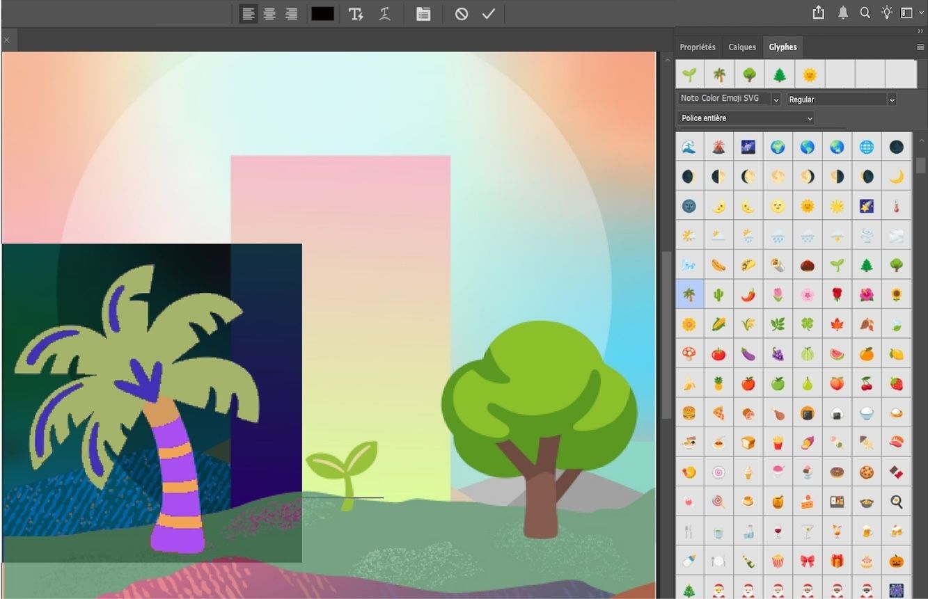 Exemple de document montrant des emoji d’arbres ajoutés comme texte ponctuel avec le panneau Glyphes ouvert.