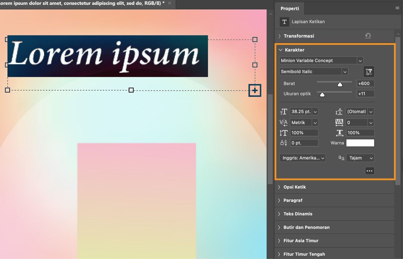 Contoh dokumen dengan teks yang dipilih dan bagian Karakter panel Properti yang menampilkan kontrol font variabel.