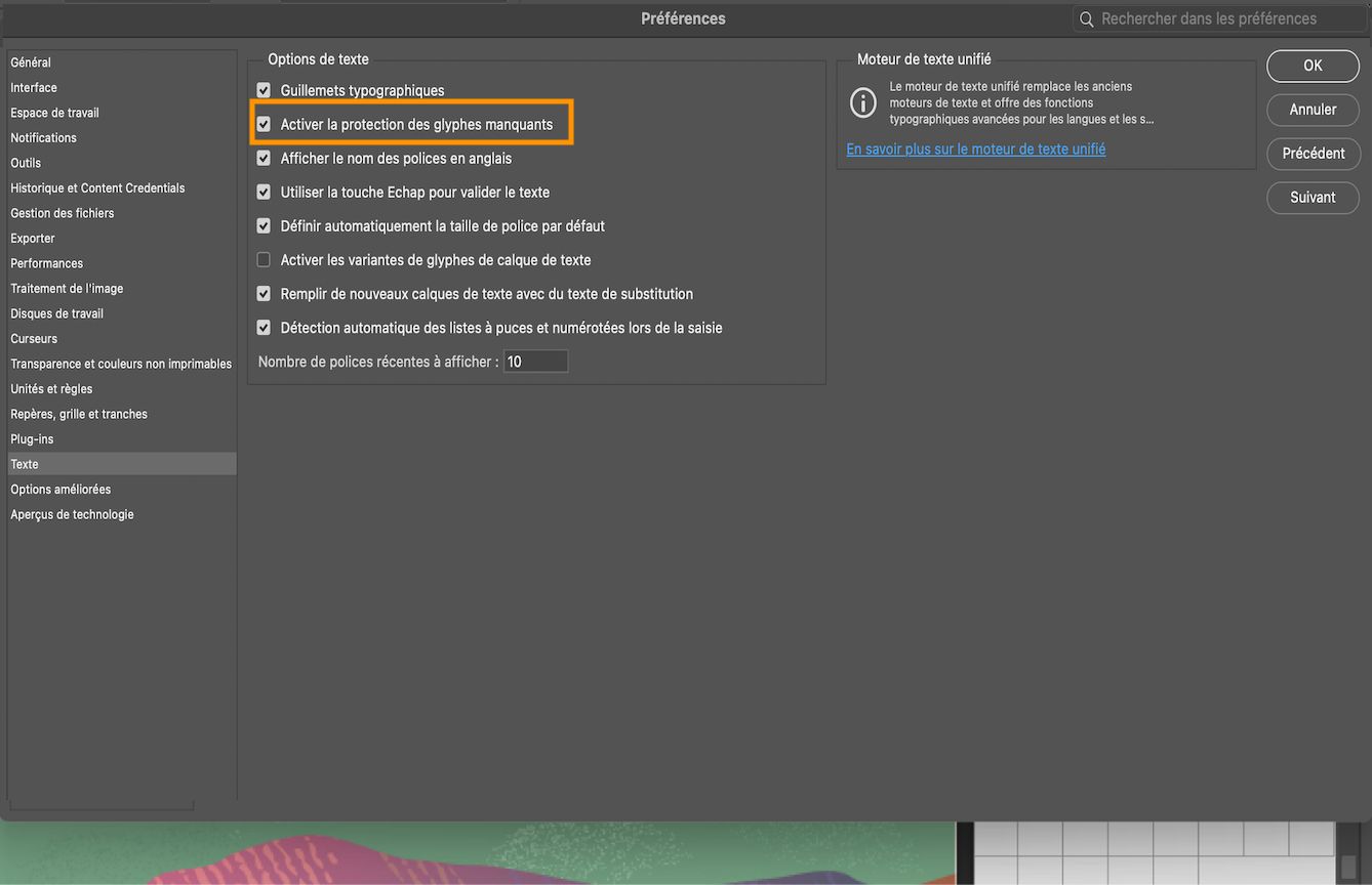 Exemple de document avec le panneau Préférences ouvert et l’option Activer la protection des glyphes manquants cochée et mise en évidence.