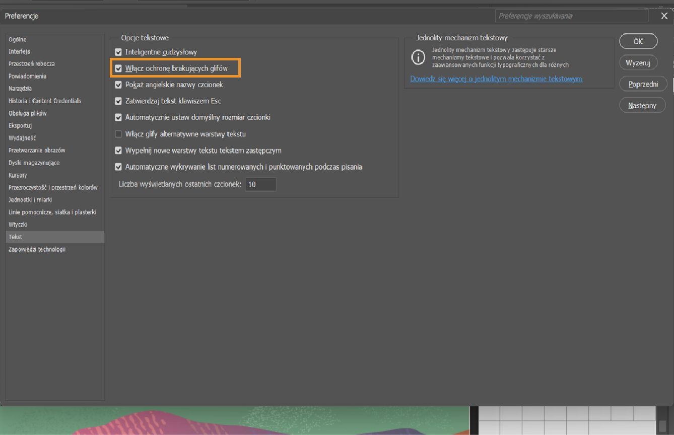 Przykładowy dokument z otwartym panel preferencji, z podświetloną i zaznaczoną opcją Włącz ochronę brakujących glifów.