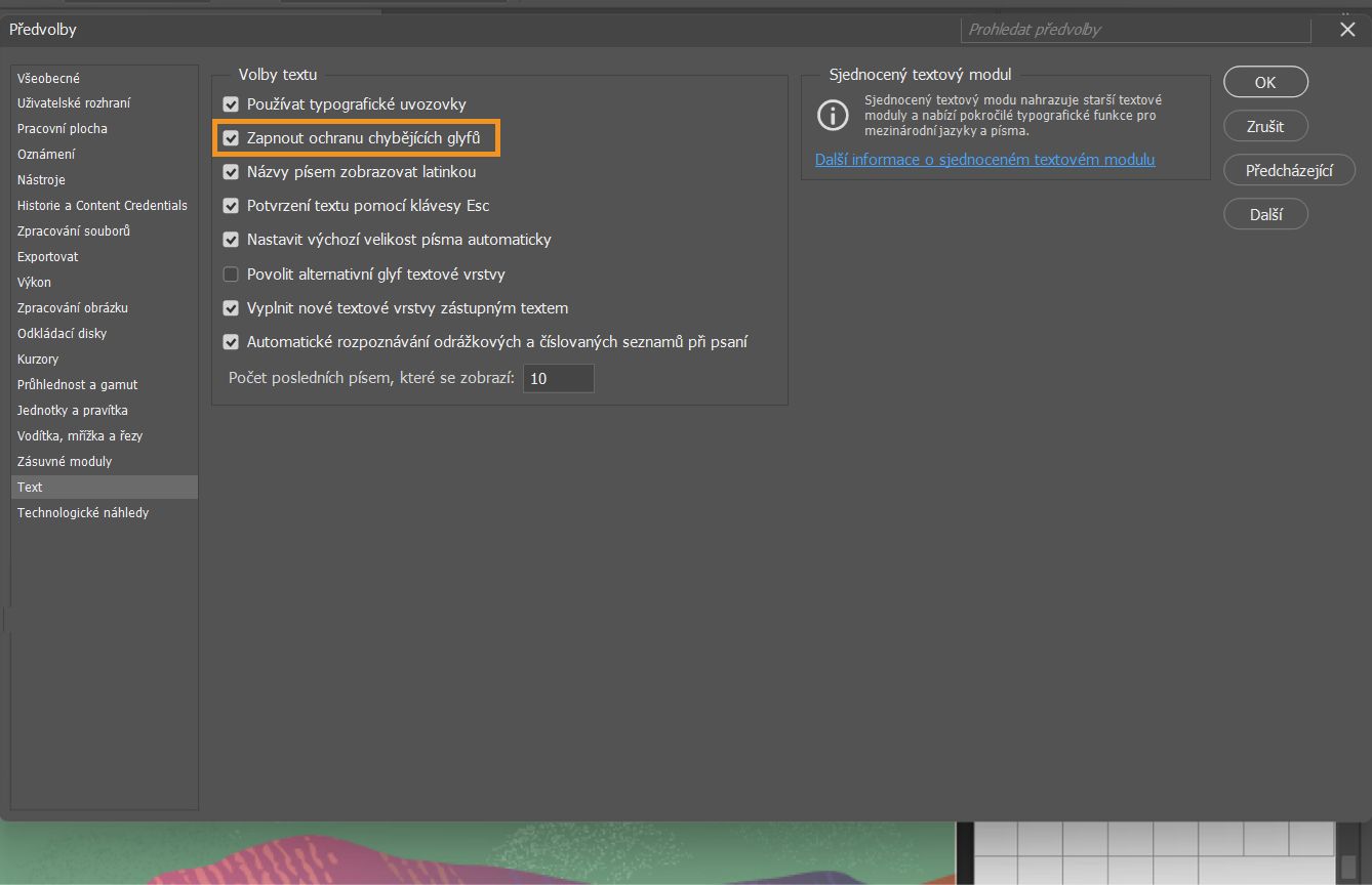 Ukázkový dokument s otevřeným panelem Předvolby s zvýrazněnou a zaškrtnutou volbou Povolit ochranu chybějících glyfů.