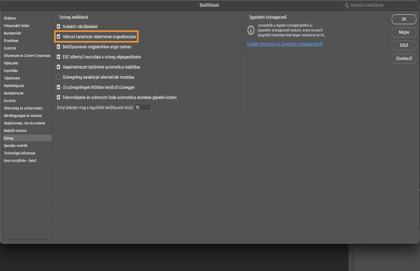 Mintadokumentum, amelyen a Beállítások panel látható, a Hiányzó karakterjel-védelem engedélyezése opció pedig kiemelve és bejelölve látható.