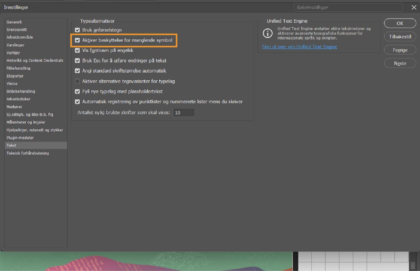 Et eksempeldokument med Innstillinger-panelet åpent hvor alternativet Aktiver beskyttelse for manglende tegn er uthevet og avmerket.