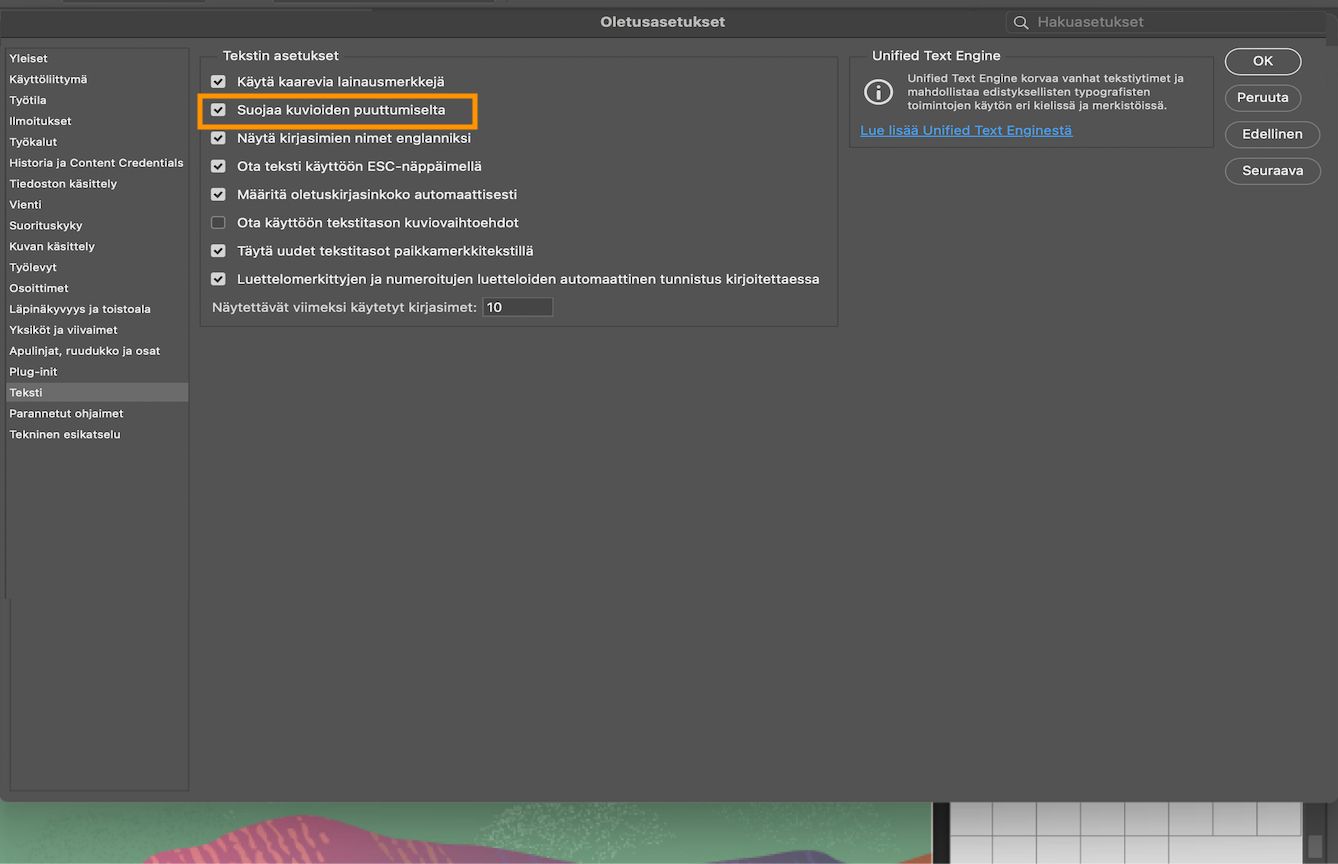 Esimerkkidokumentti, jonka avoimessa Oletusasetukset-paneelissa näkyy korostettu ja valittu Ota puuttuvan glyyfin suojaus käyttöön -asetus.