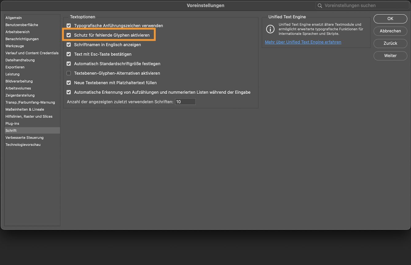 Ein Beispieldokument mit geöffnetem Voreinstellungen-Bedienfeld, in dem die Option „Fehlenden Glyphenschutz aktivieren&quot; hervorgehoben und aktiviert ist.