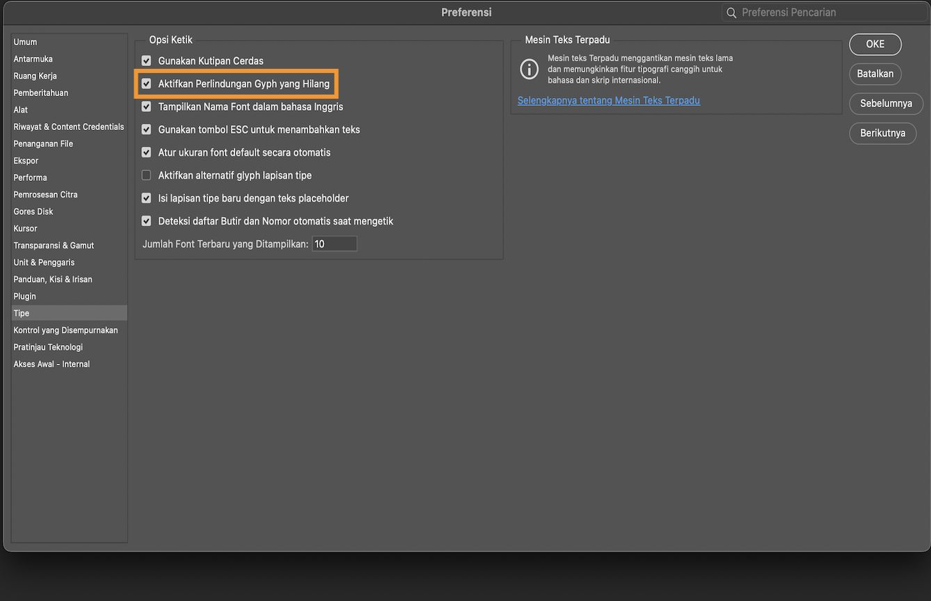 Dokumen sampel dengan panel Preferensi terbuka dengan opsi Enable Proteksi Glyph yang Hilang disorot dan dicentang.