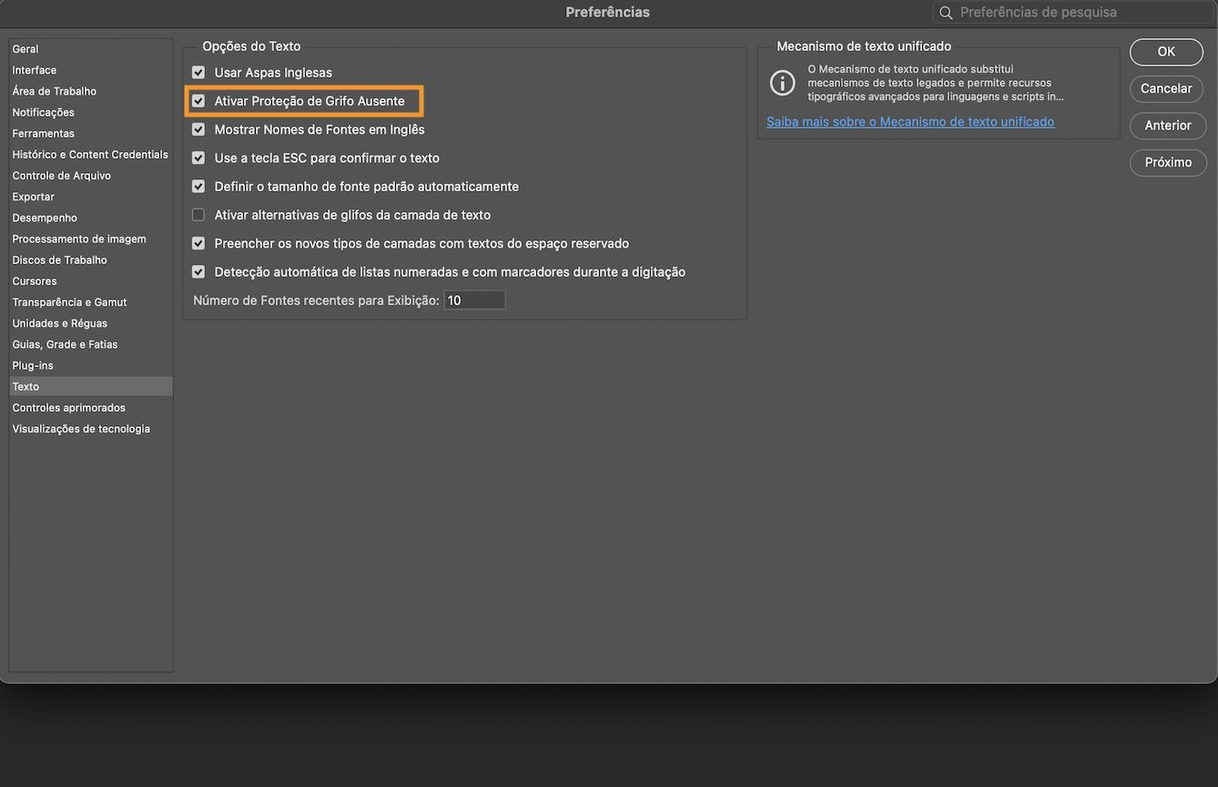 Um documento de exemplo com o painel Preferências aberto, com a opção Ativar proteção de glifos ausentes em destaque e marcada.