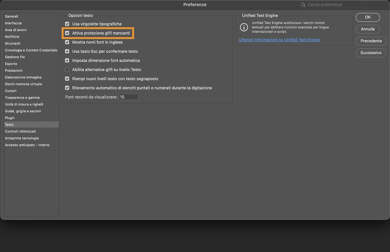 Un documento di esempio con il pannello Preferenze aperto con l'opzione Attiva protezione glifi mancanti evidenziata e selezionata.