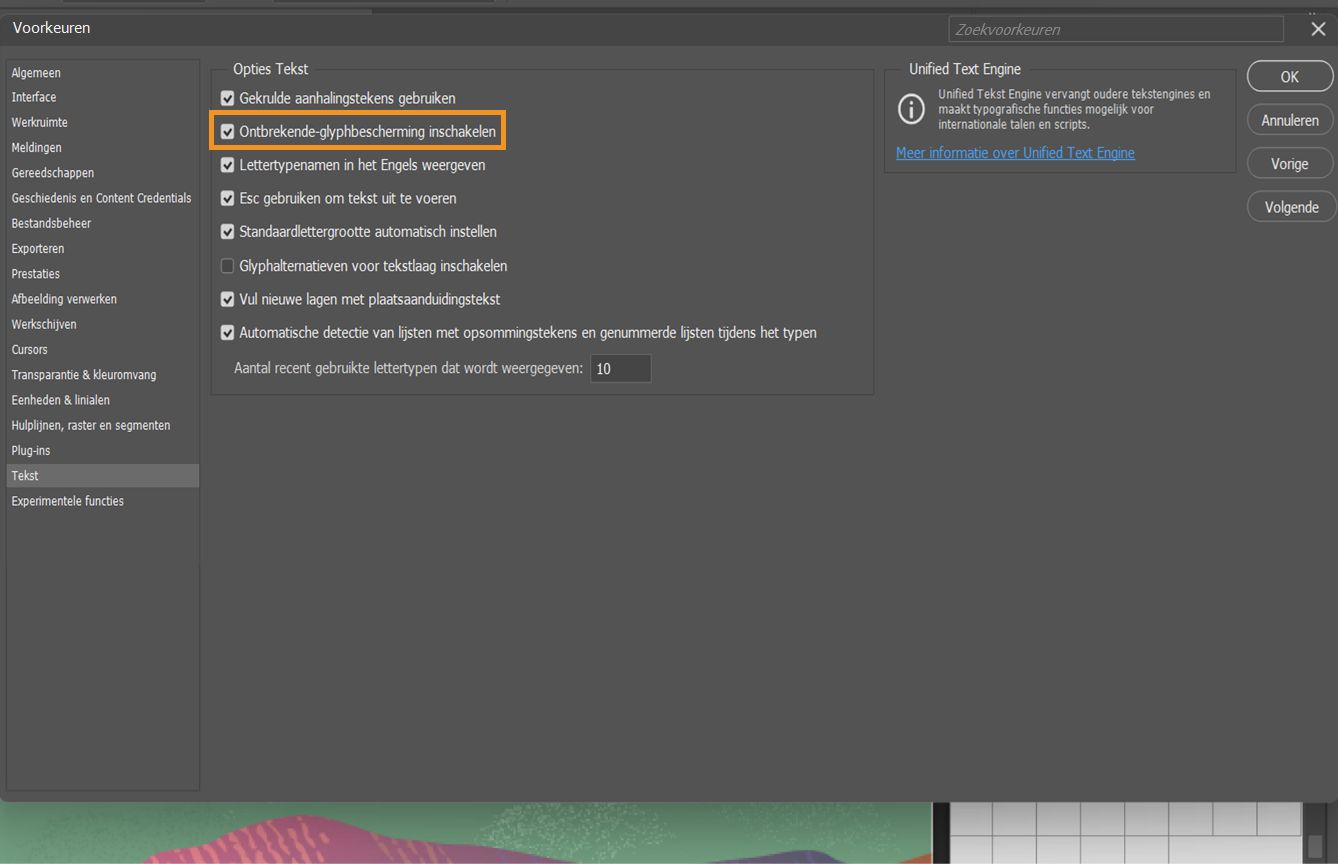 Een voorbeelddocument met het geopende voorkeurenpaneel waarbij de optie Bescherming ontbrekende glyphs is gemarkeerd en aangevinkt.