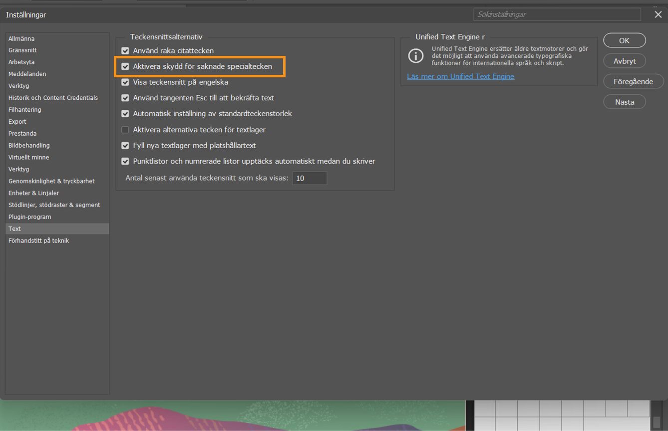 Ett exempeldokument med panel för Inställningar öppen där alternativet Aktivera skydd för saknade tecken är markerat och ibockat.