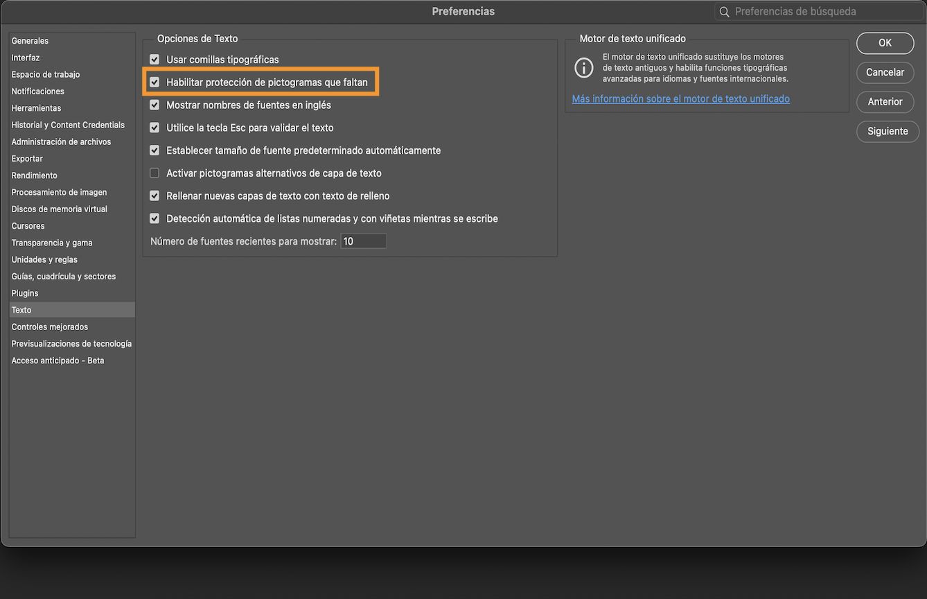 Un documento de ejemplo con el panel de Preferencias abierto con la opción Habilitar protección de glifos faltantes resaltada y marcada.