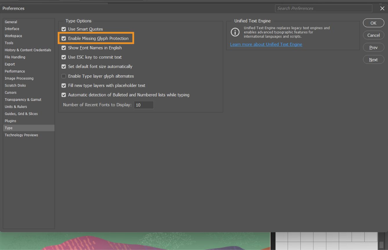 عينة من مستند مع فتح لوحة Preferences وتمييز خيار Enable Missing Glyph Protection وتحديده.