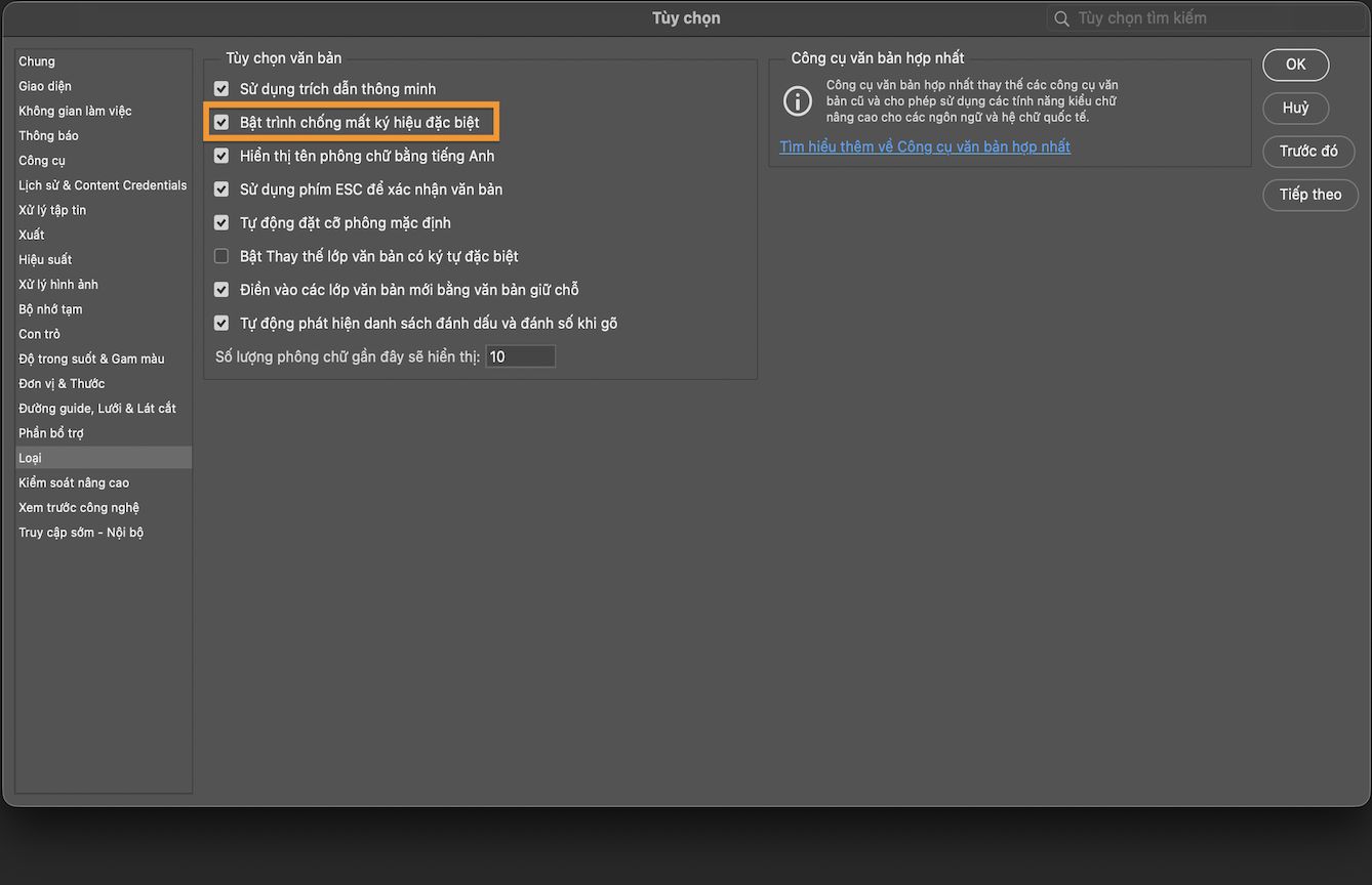 Tài liệu mẫu với bảng Tùy chọn đang mở cùng với tùy chọn Bật trình chống mất ký hiệu đặc biệt được làm nổi bật và đánh dấu kiểm.