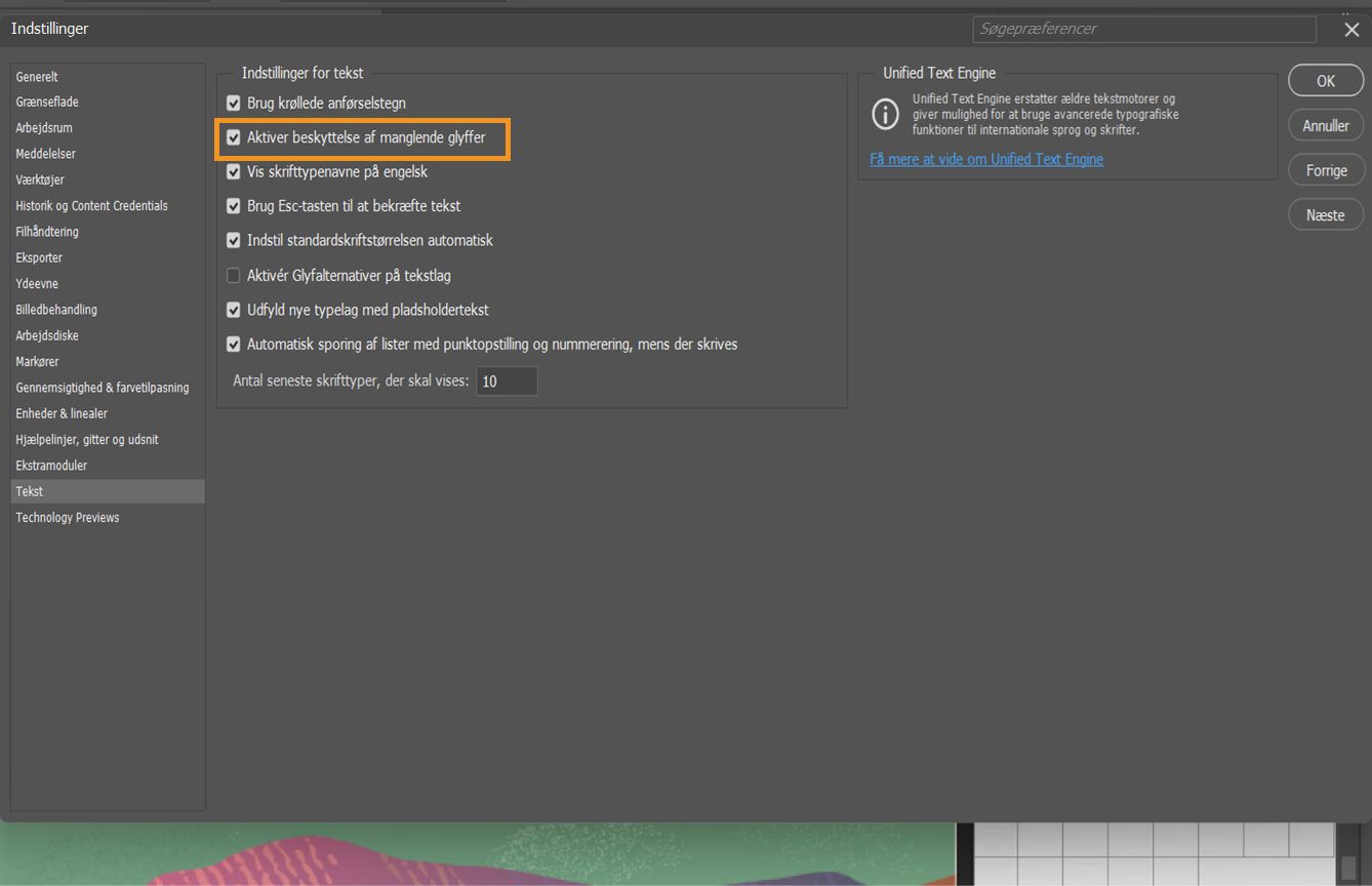 Et eksempeldokument med panelet Præferencer åbent, hvor indstillingen Aktivér beskyttelse af manglende glyffer er fremhævet og markeret.