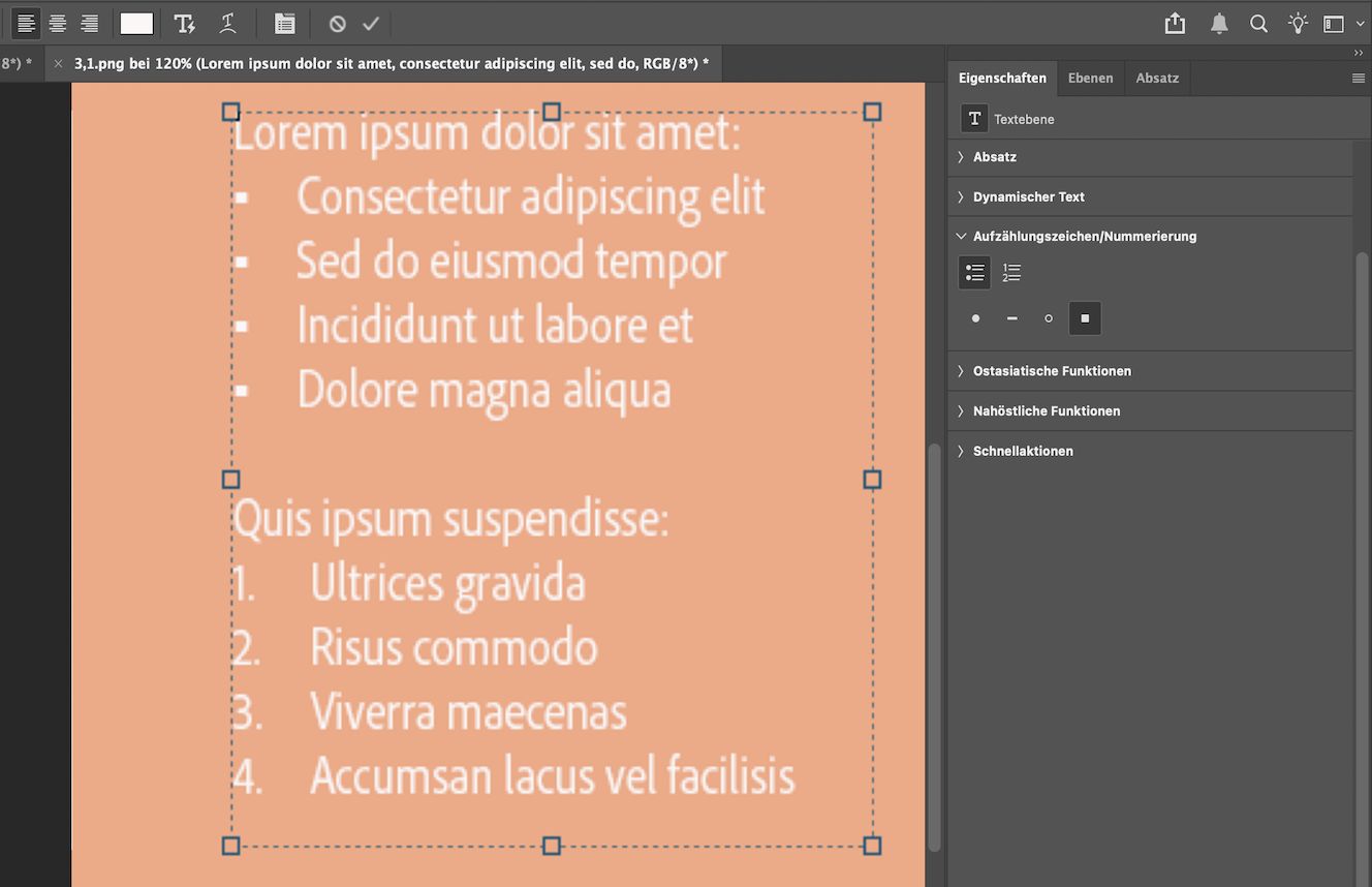 Eine Beispieltextdatei mit einer Aufzählungsliste und einer nummerierten Liste. Das Eigenschaften-Bedienfeld ist geöffnet, wobei das Aufzählungslistensymbol und der quadratische Aufzählungszeichenstil ausgewählt sind.