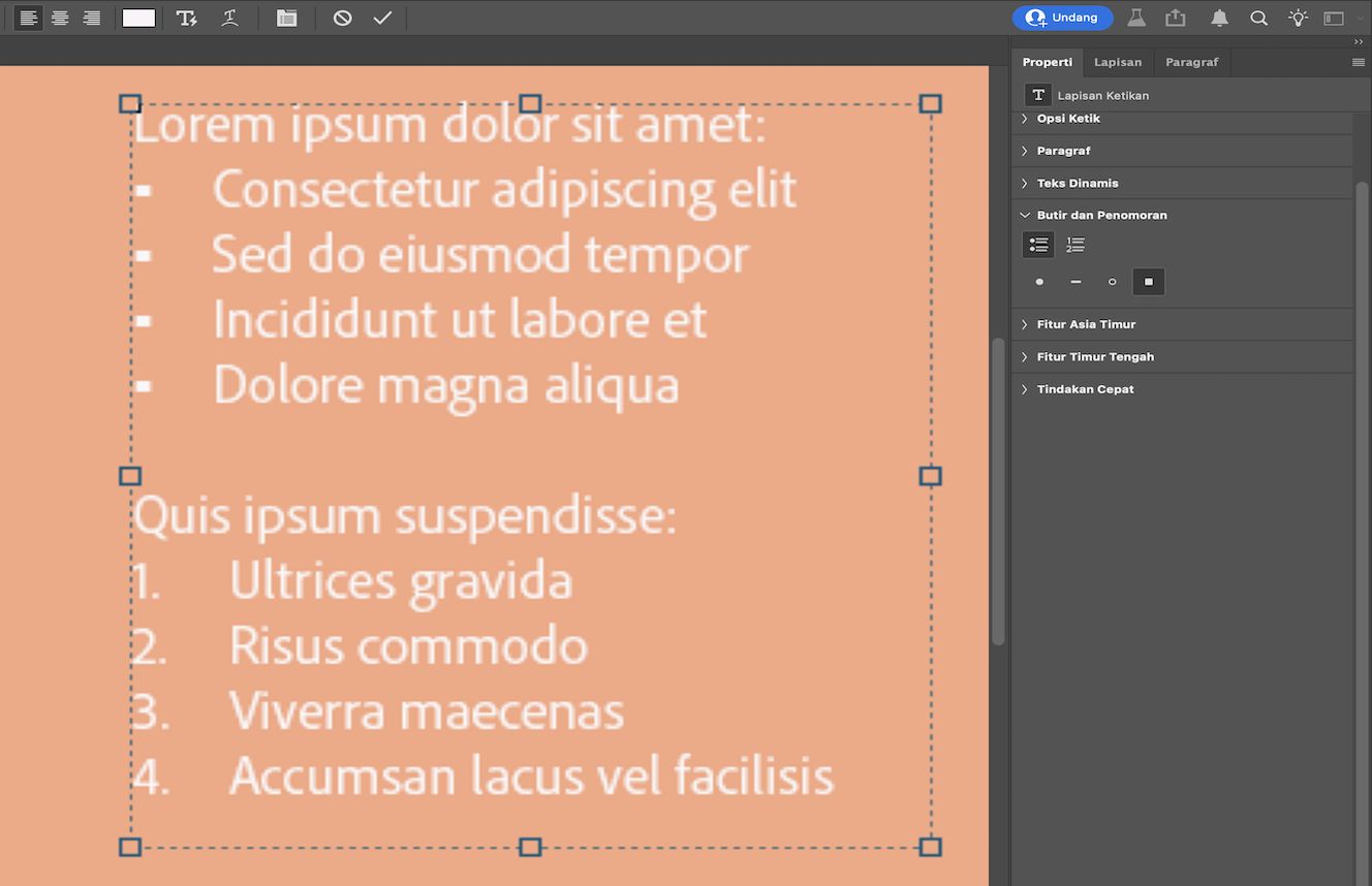 File teks sampel dengan satu daftar berpoin dan satu daftar bernomor.Panel Properti terbuka dengan ikon daftar berpoin dan gaya poin kotak yang dipilih.