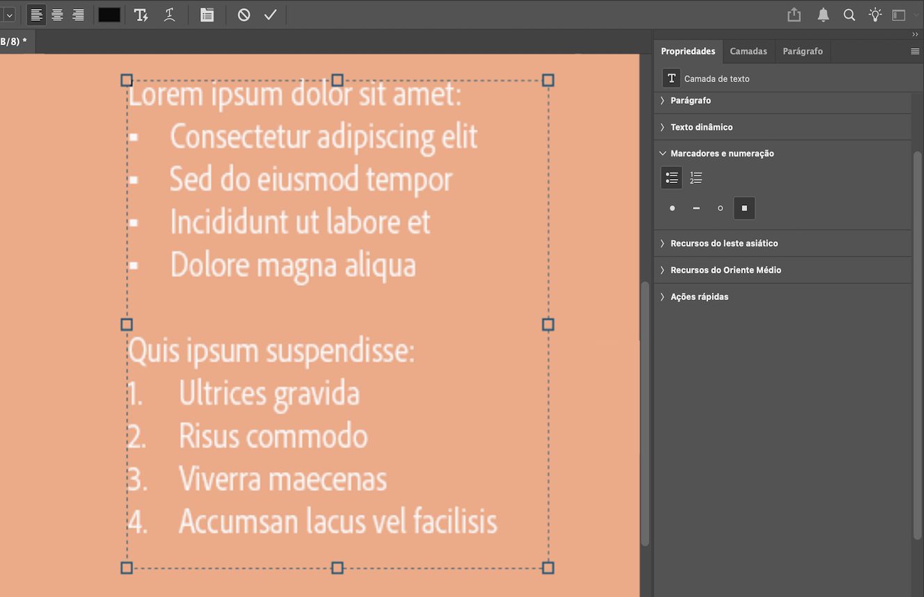 Um arquivo de texto de exemplo com uma lista com marcadores e uma lista numerada. O painel Propriedades está aberto com o ícone de lista com marcadores e o estilo de marcador quadrado selecionado.