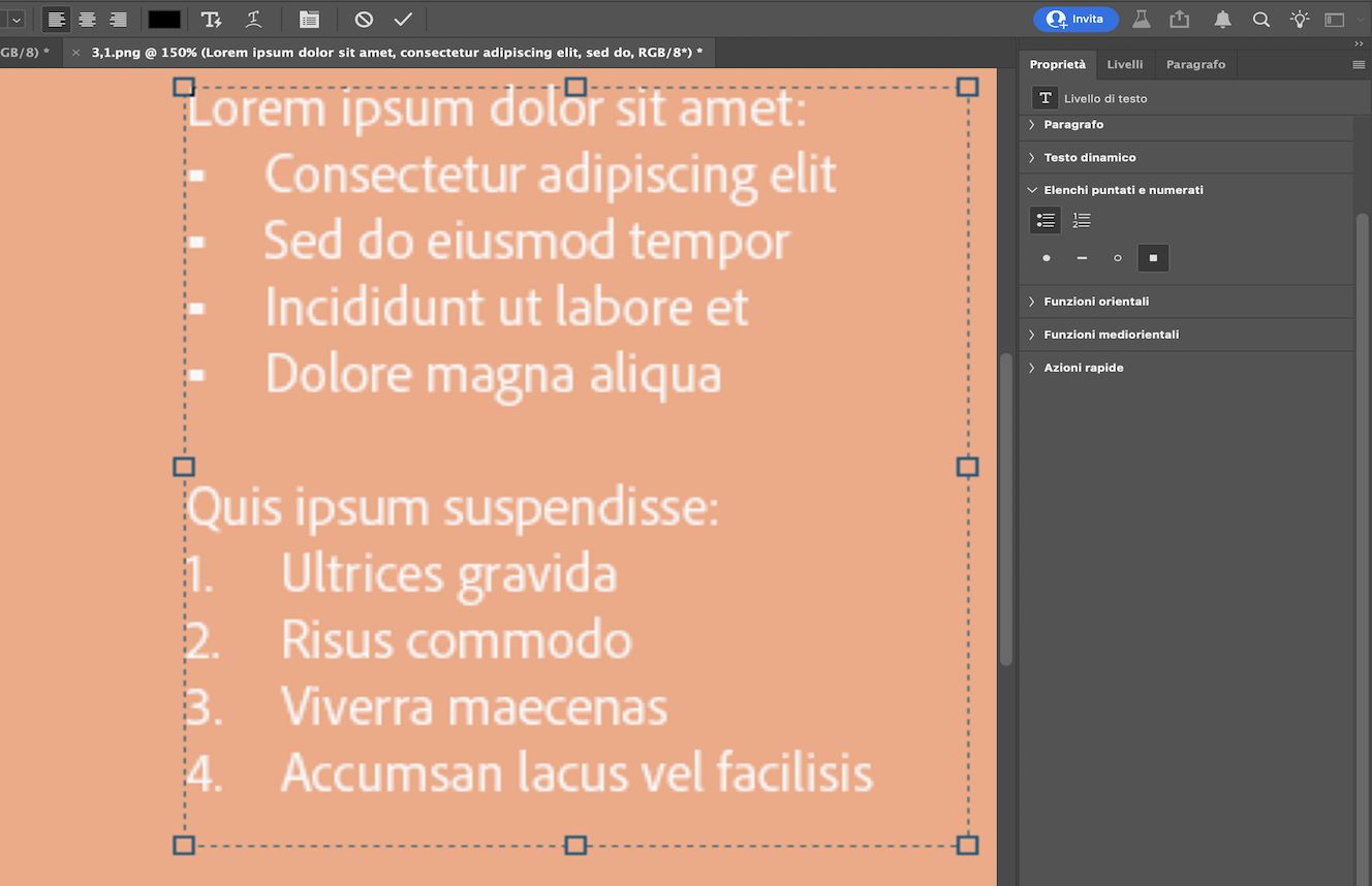 Un file di testo di esempio con un elenco puntato e un elenco numerato.Il pannello Proprietà è aperto con l'icona dell'elenco puntato e lo stile del punto quadrato selezionati.