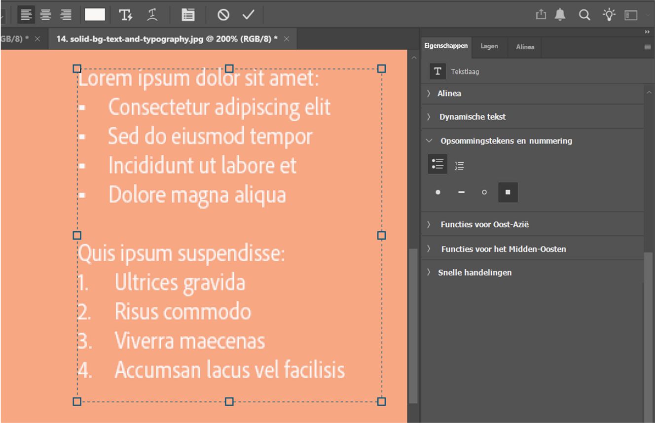 Een voorbeeldtekstbestand met één lijst met opsommingstekens en één genummerde lijst.Het paneel Eigenschappen is geopend met het pictogram voor opsommingstekens en de vierkante opsommingstekensstijl geselecteerd.