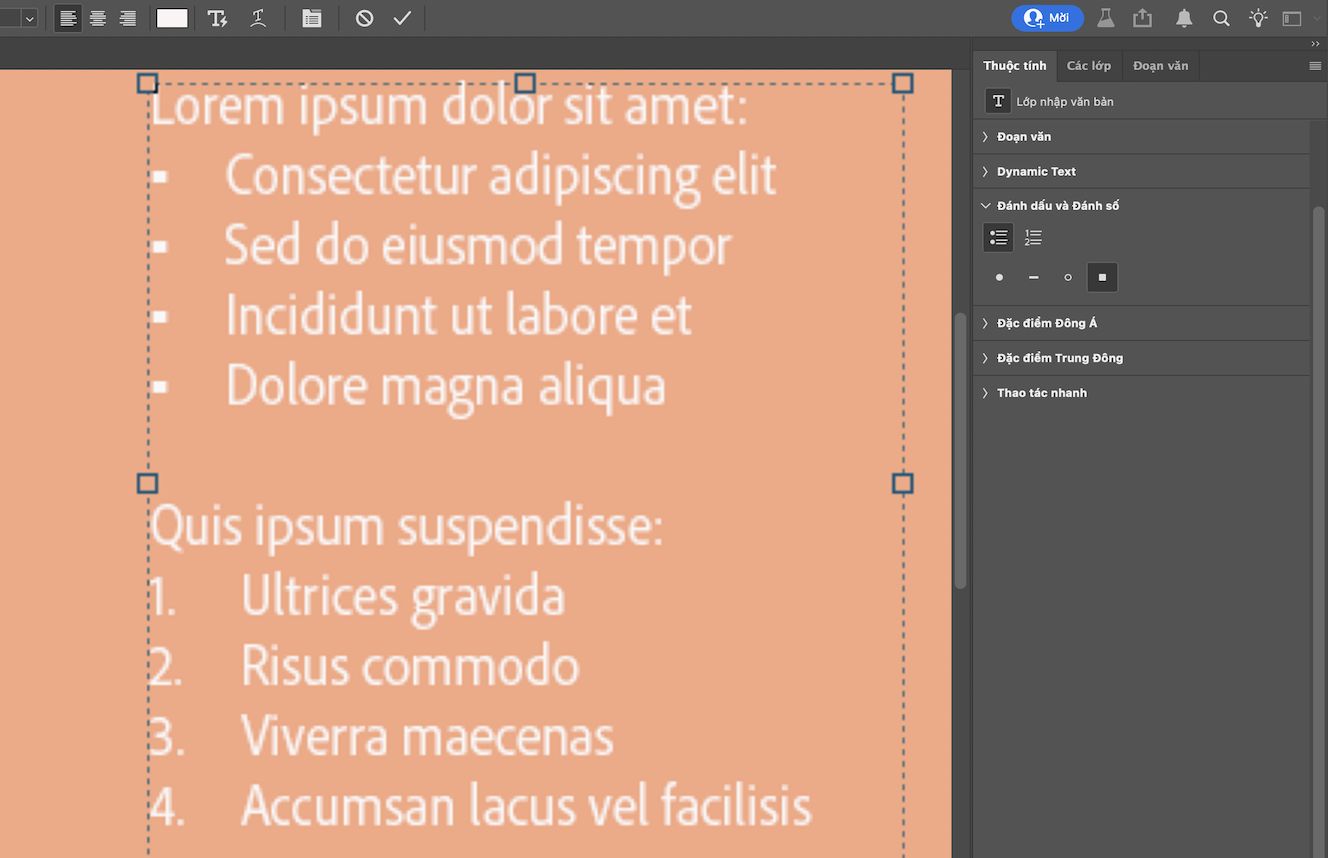 Tập tin văn bản mẫu gồm một danh sách đánh dấu và một danh sách đánh số. Bảng Thuộc tính đang mở với biểu tượng đánh dấu và kiểu dấu hình vuông được chọn.