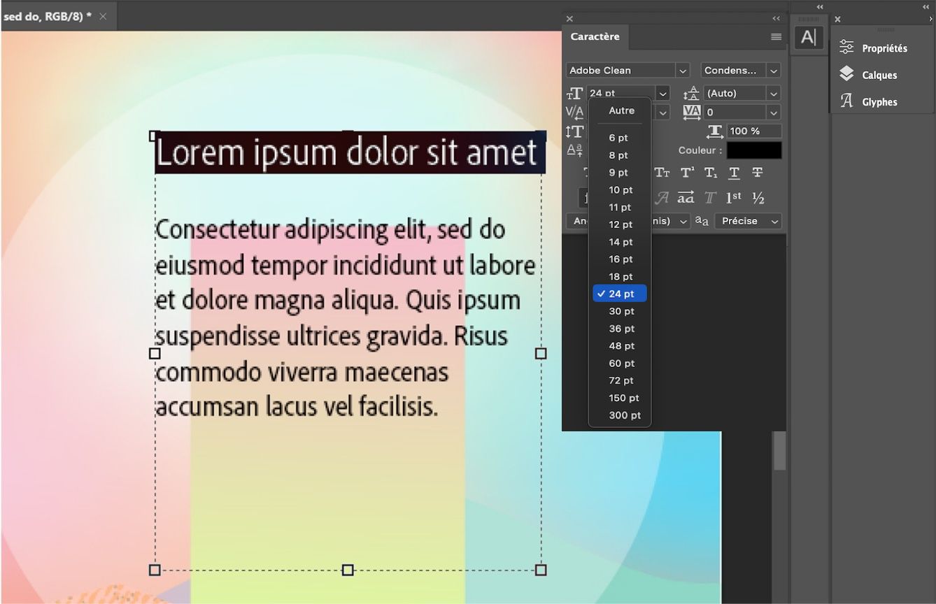 Exemple de fichier texte avec la première ligne sélectionnée. Le panneau Caractère est ouvert avec une liste déroulante des tailles disponibles. La taille de police d’origine de 20 pt est en haut, et la taille 24 pt est sélectionnée.
