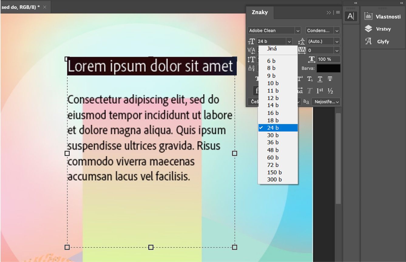 Ukázkový textový soubor s vybraným prvním řádkem.Je otevřený panel Znaky s rozbalovacím seznamem dostupných velikostí.Původní velikost písma 20 bodů je nahoře a je vybraná velikost 24 bodů.