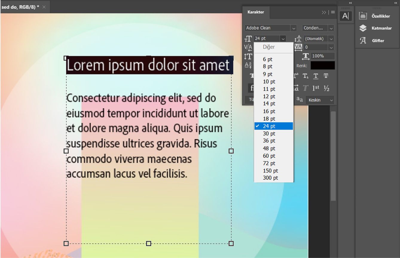 İlk satırın seçili olduğu örnek metin dosyası. Kullanılabilir boyutların açılır listesini içeren Karakter paneli açık. Üstte orijinal 20 pt font boyutu bulunuyor ve 24 pt boyutu seçili.