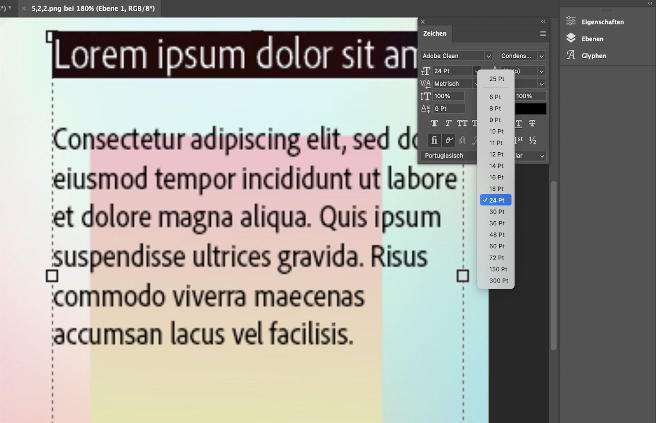 Eine Beispieltextdatei mit der ausgewählten ersten Zeile. Das Zeichenbedienfeld ist geöffnet und zeigt eine Dropdown-Liste der verfügbaren Größen. Die ursprüngliche Schriftgröße von 20 pt steht oben, und die Größe 24 pt ist ausgewählt.
