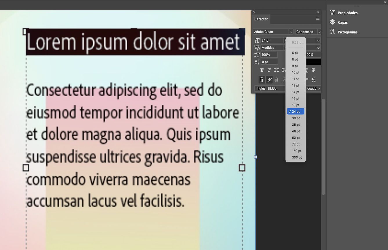 Un archivo de texto de muestra con la primera línea seleccionada.El panel Carácter está abierto con una lista desplegable de tamaños disponibles.El tamaño de fuente original de 20 pt está en la parte superior y el tamaño 24 pt está seleccionado.