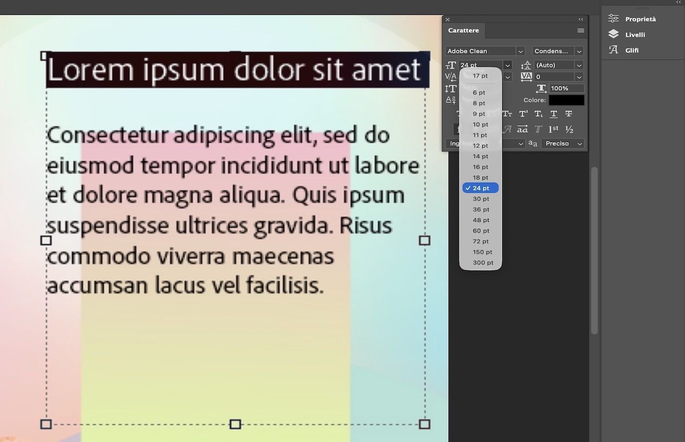 Un file di testo di esempio con la prima riga selezionata.Il pannello Carattere è aperto con un elenco a discesa delle dimensioni disponibili.La dimensione originale del font di 20 pt è in più, e la dimensione 24 pt è selezionata.