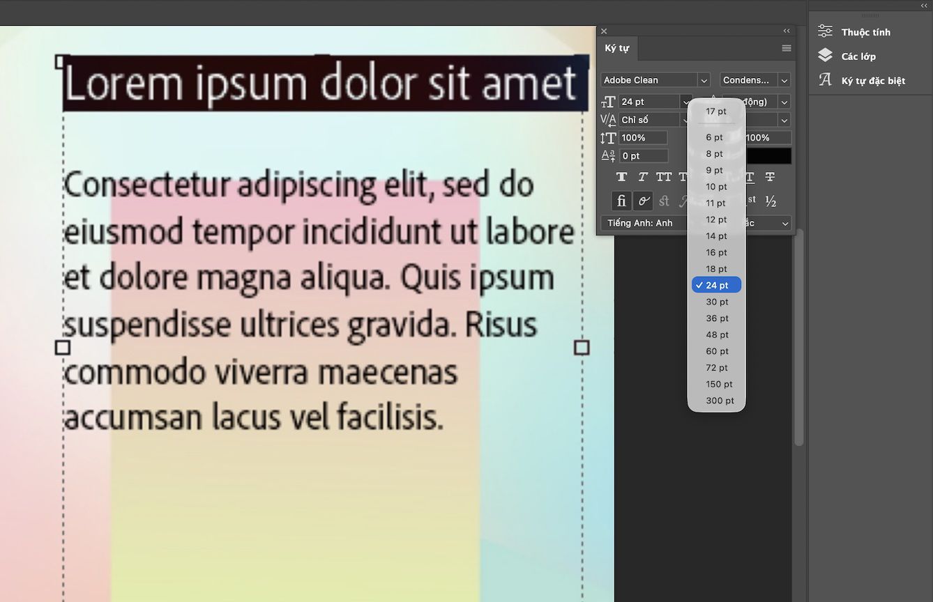 Tập tin văn bản mẫu với dòng đầu tiên được chọn. Bảng Ký tự đang mở với danh sách thả xuống các kích thước có sẵn. Kích thước phông chữ ban đầu là 20 pt ở trên cùng và kích thước 24 pt hiện được chọn.