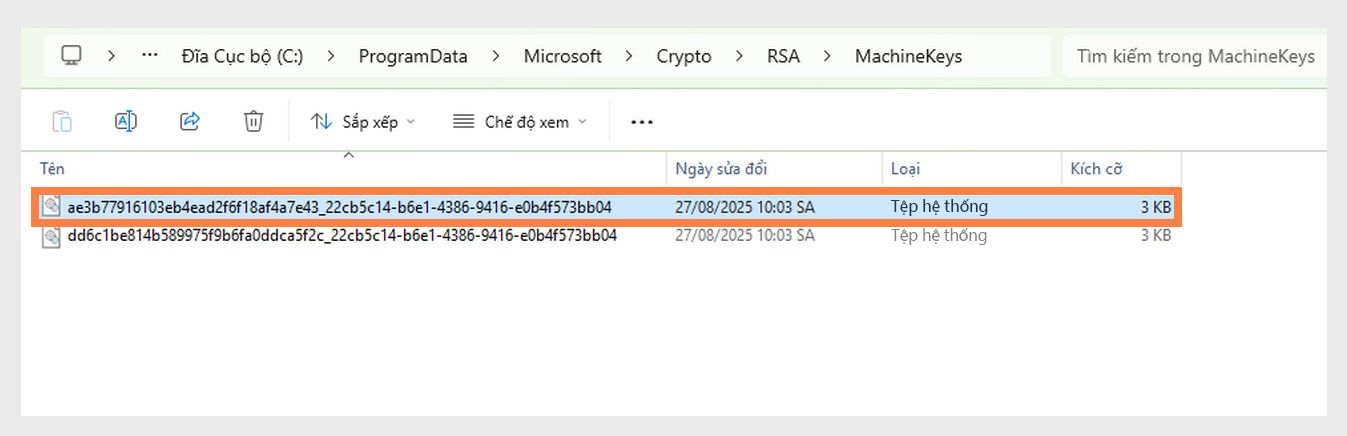 Ảnh chụp màn hình hiển thị thư mục Windows để lưu trữ các khóa mật mã được sử dụng bởi hệ thống và các ứng dụng khác nhau cho mục đích bảo mật.