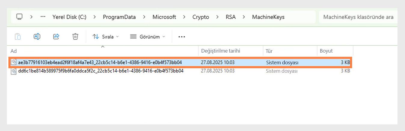 Sistem ve çeşitli uygulamalar tarafından güvenlik amaçlı kullanılan kriptografik anahtarların depolandığı Windows dizinini gösteren bir ekran görüntüsü.