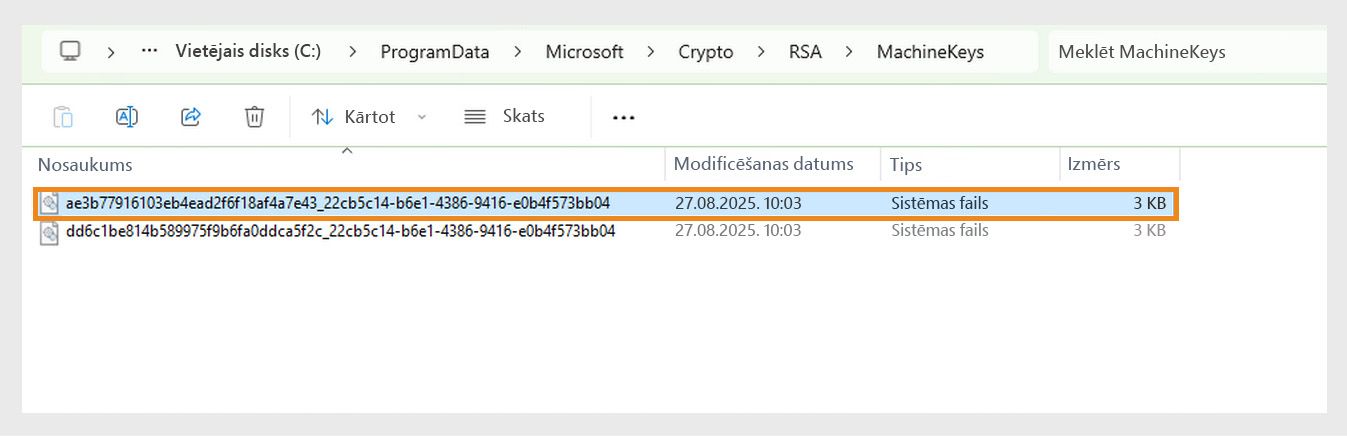 Ekrānuzņēmums, kurā redzams Windows direktorijs, kur glabājas sistēmas un dažādu lietotņu izmantotās kriptogrāfiskās atslēgas drošības nolūkos.