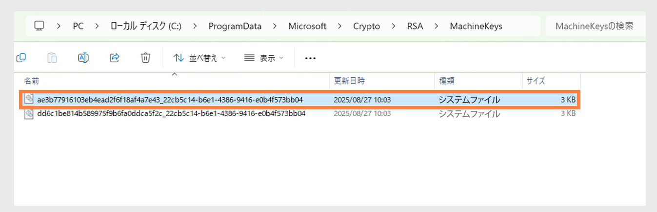 システムおよび様々なアプリケーションがセキュリティ目的で使用する暗号化キーを格納する Windows ディレクトリを表示したスクリーンショット。