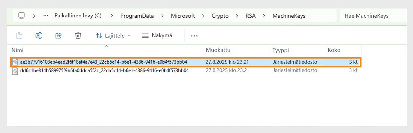 Kuvakaappaus Windows-hakemistosta, jossa säilytetään järjestelmän ja eri sovellusten tietoturvaan käyttämiä salausavaimia.