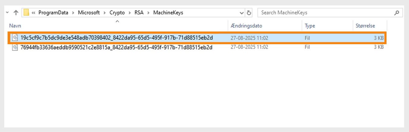 Et skærmbillede, der viser Windows-mappen til at gemme kryptografiske nøgler, der bruges af systemet og forskellige applikationer til sikkerhedsformål.