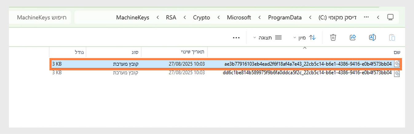צילום מסך המציג את הספריה של Windows לאחסון מפתחות הצפנה המשמשים את המערכת ויישומים שונים למטרות אבטחה.
