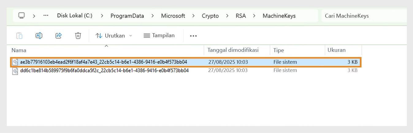 Tangkapan layar yang menampilkan direktori Windows untuk menyimpan kunci kriptografi yang digunakan oleh sistem dan berbagai aplikasi untuk tujuan keamanan.