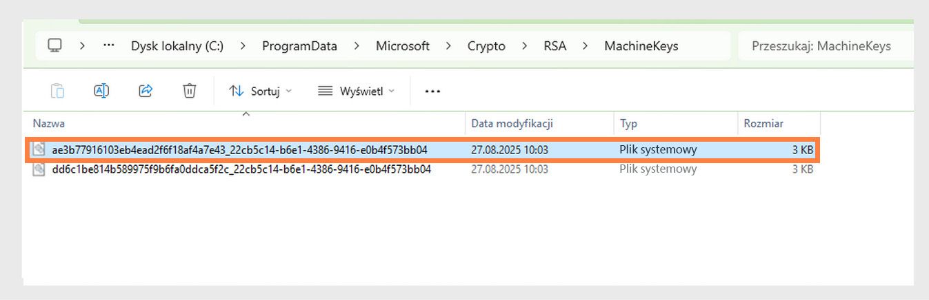 Zrzut ekranu przedstawiający katalog systemu Windows do przechowywania kluczy kryptograficznych używanych przez system i różne aplikacje do celów bezpieczeństwa.